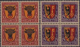 1918, J10+J11 Viererblock (URI+GENF) postfrisch **. K: 320.-