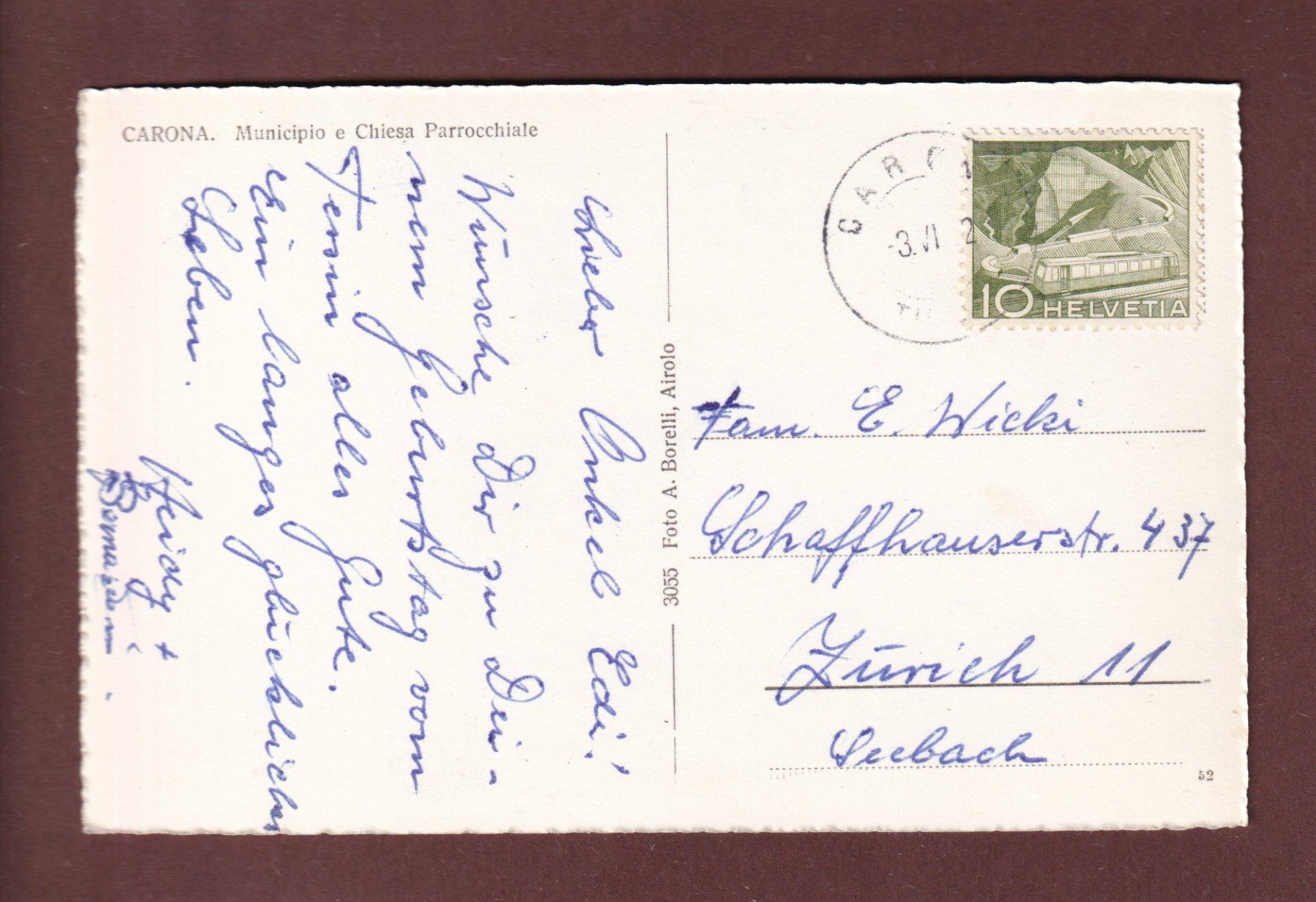 Cartoline postali: CARONA - Municipio e Chiesa Parrocchiale - 1952 – Usato da Pully venduto da nicecards 1