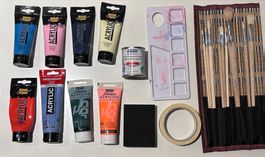 Acrylfarben&-klarlack,Pinsel,Klebeband,Schleifblock,Palette