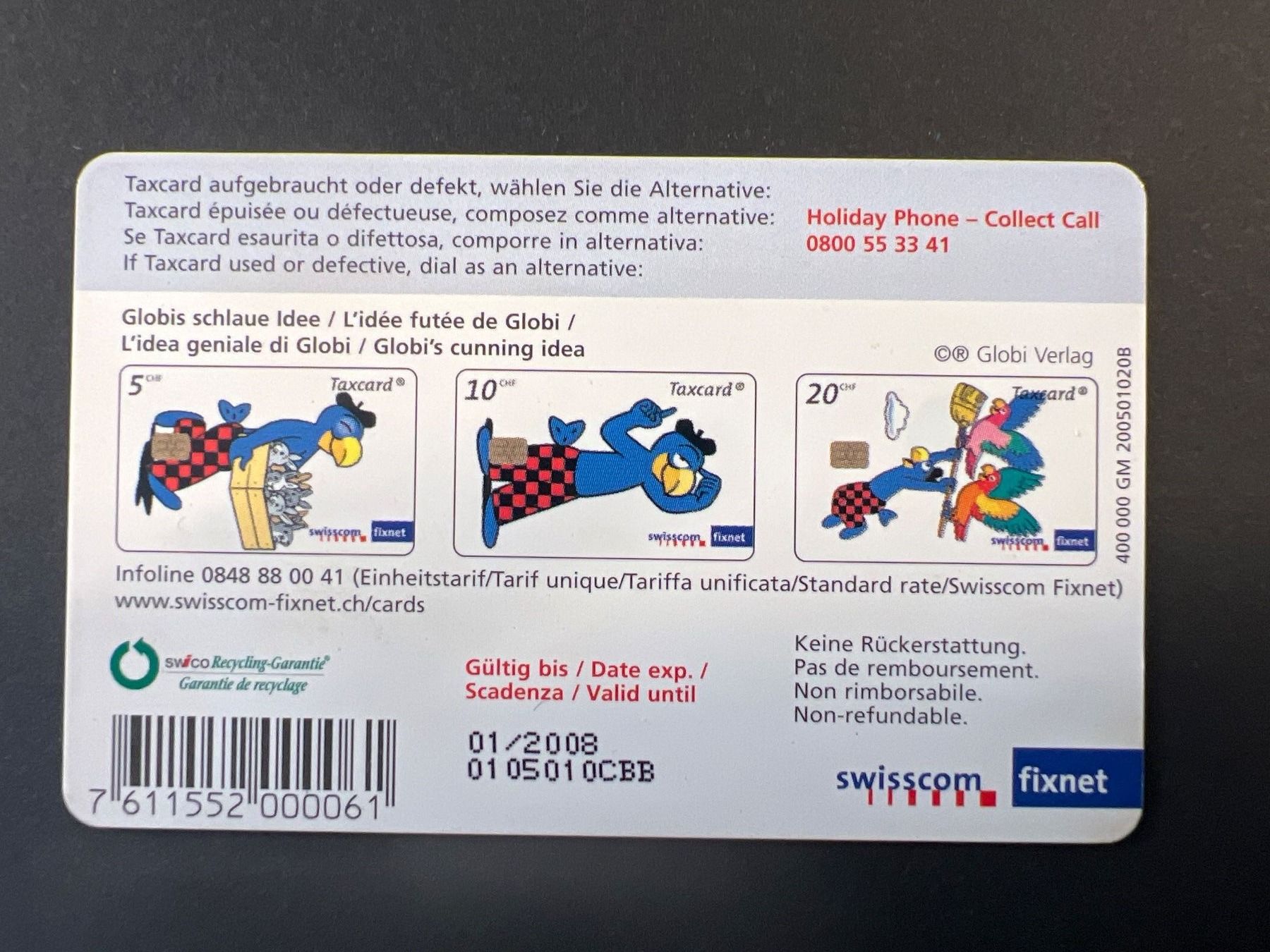 Swisscom Schede telefoniche: Taxcard Swisscom: Motiv Globi – Usato da Widnau venduto da Brusi9 1