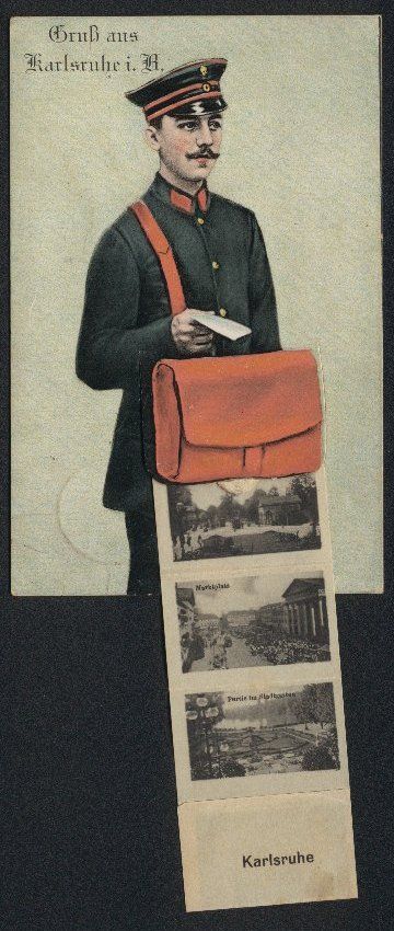 Cartoline postali: Leporello-AK Karlsruhe, Briefträger mit – Usato da Berlin venduto da bartko-reher