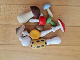 Spielzeug Holzpilze und Holzfrüchte gemischt guter Zustand