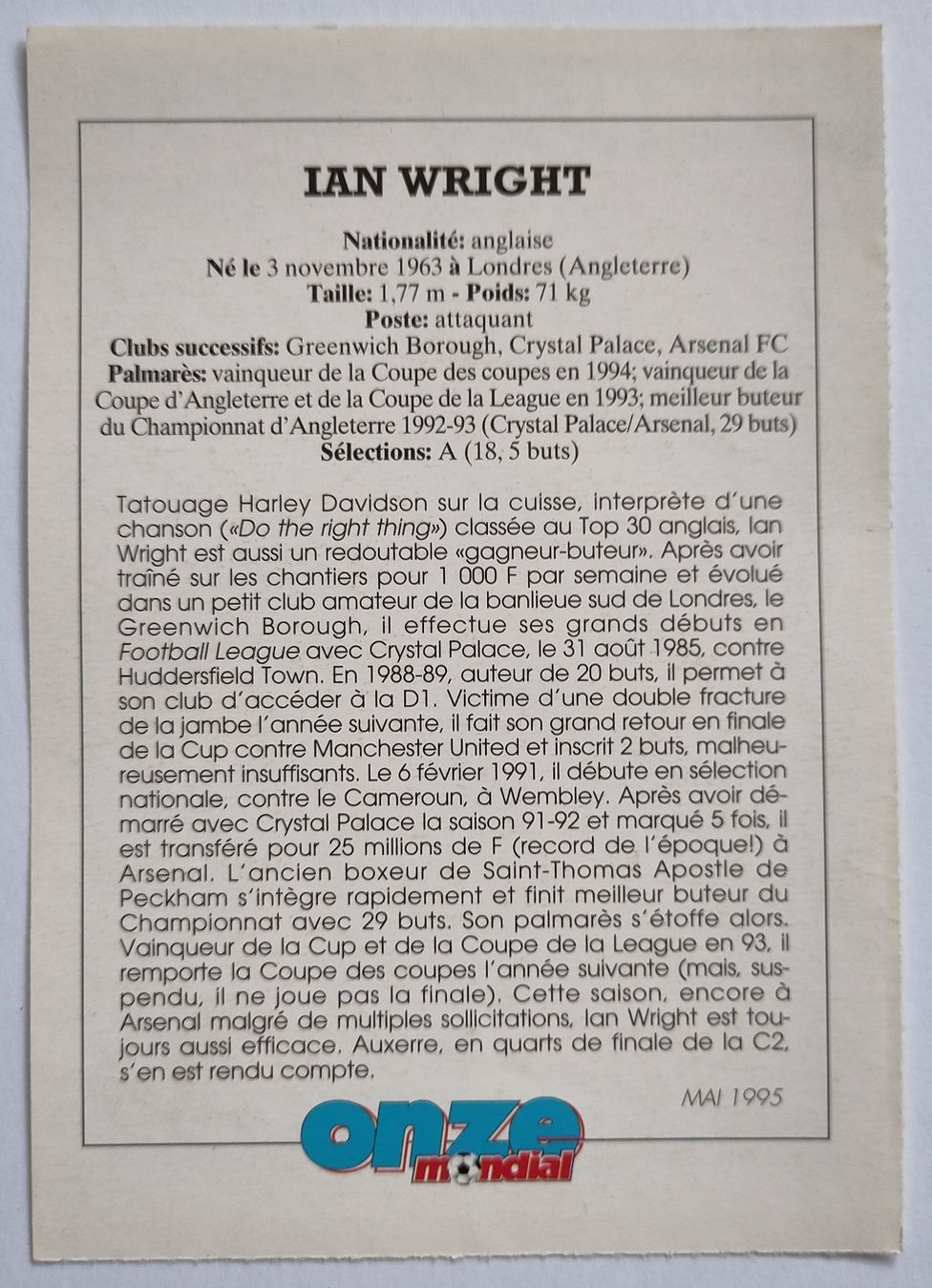 Carte collezionabili: Fiche Ian Wright - Onze mondial – Usato da Lausanne venduto da the_p2w5 1