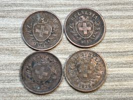 Schweizer 1 Rappen Münzen, Jahrgänge 1918,19,26,29 (4 Stk.)ä