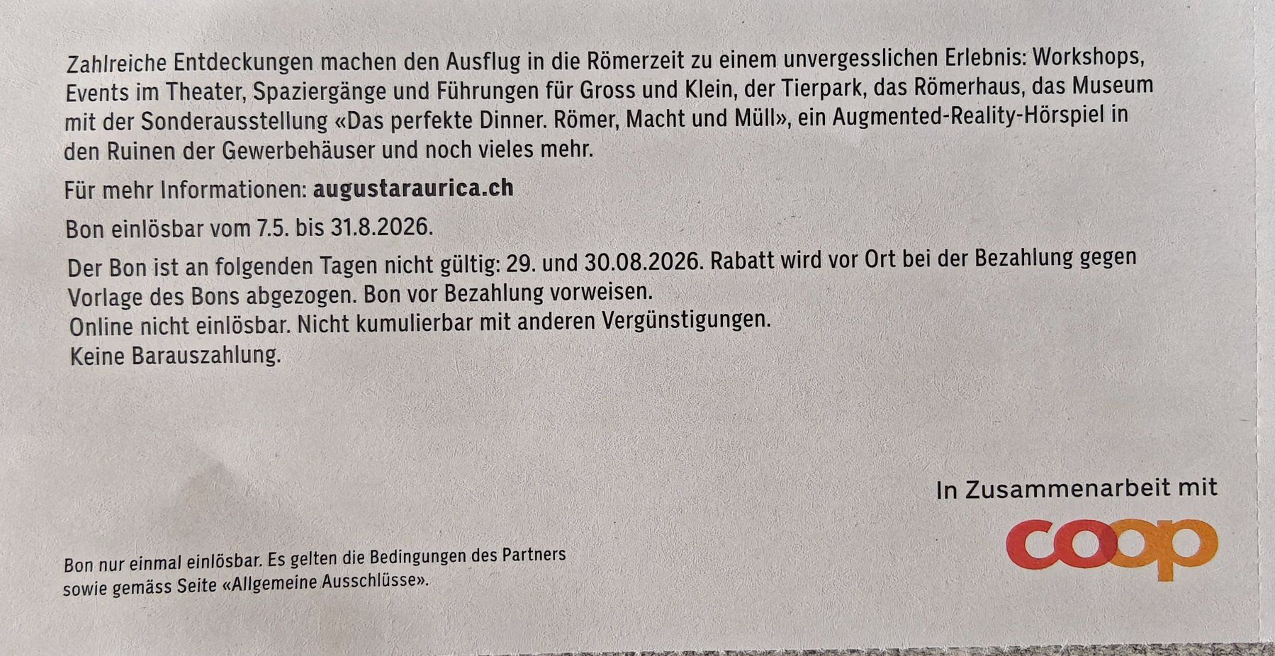 Buoni: Gutschein 30% August Raurica Augst – Usato da Schmiedrued venduto da elvis_88 1