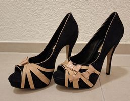Buffalo Peeptoe Plateau High Heels Gr.42 Schwarz Schleifen