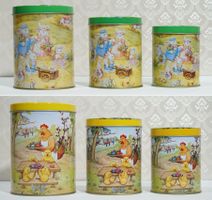 6 neue Blech-Dosen mit Hasen und Hühner