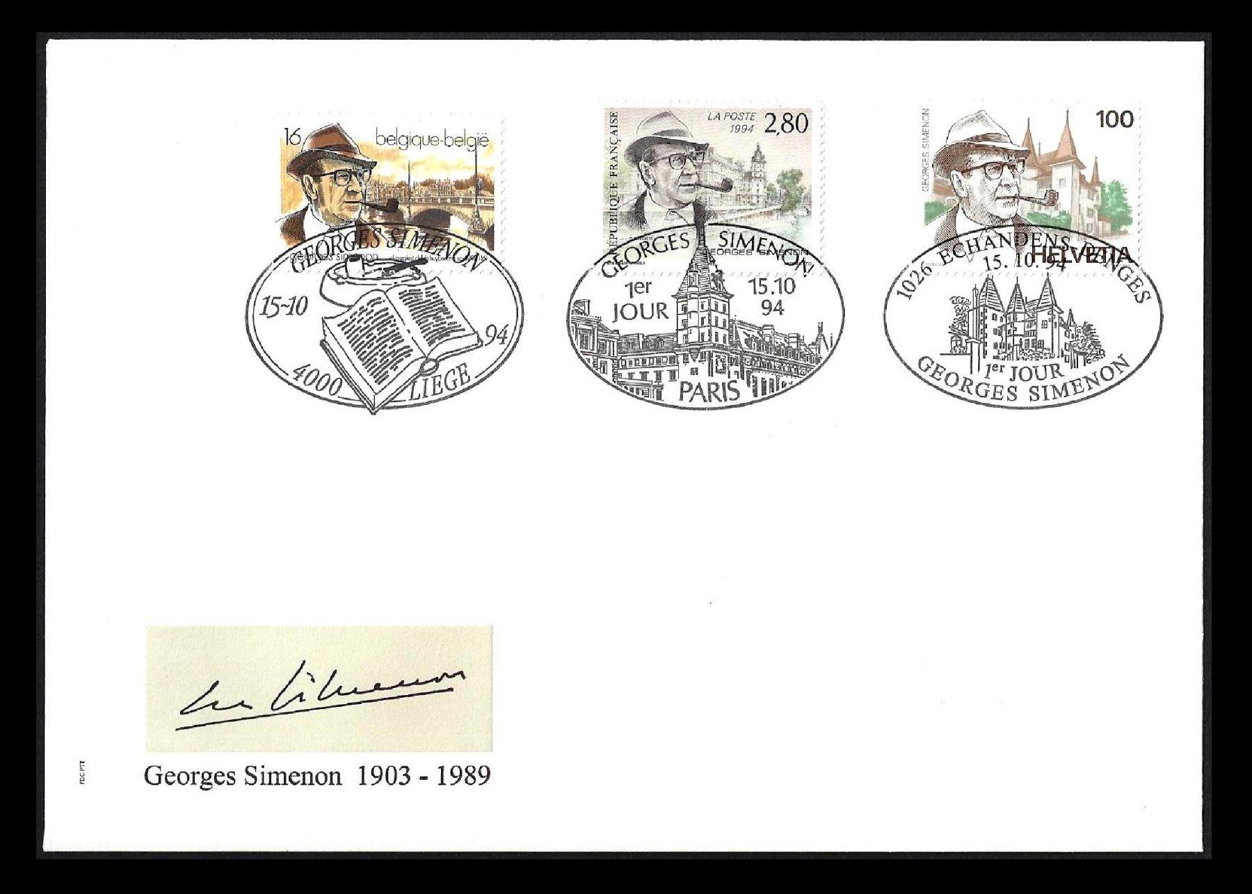 Tutti i francobolli: 1994 FDC Georges Simenon, Gemeinschaftsausgabe CH-BE-FR – Usato da Baar venduto da miam8 1