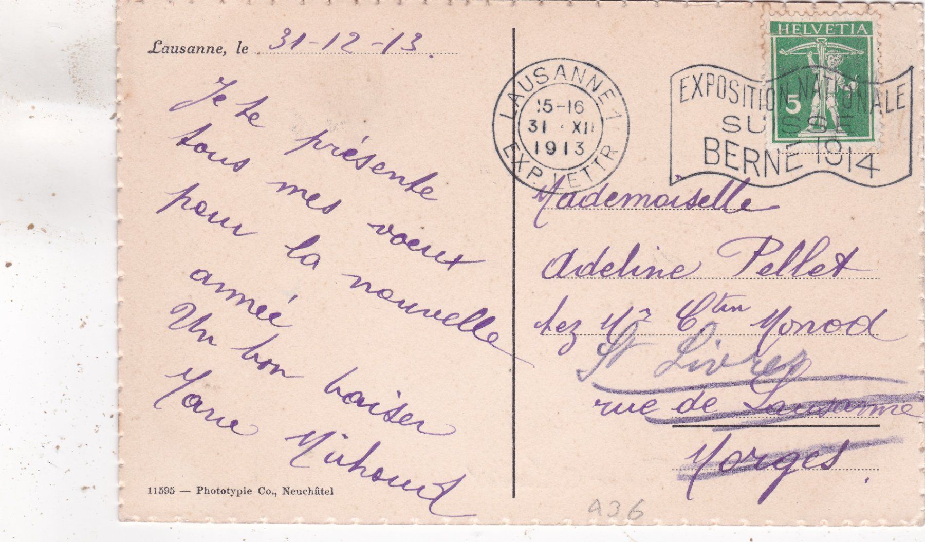 Cartoline postali: Lausanne Bonne Année 1913 – Usato da Herisau venduto da Lisegrat2008 1