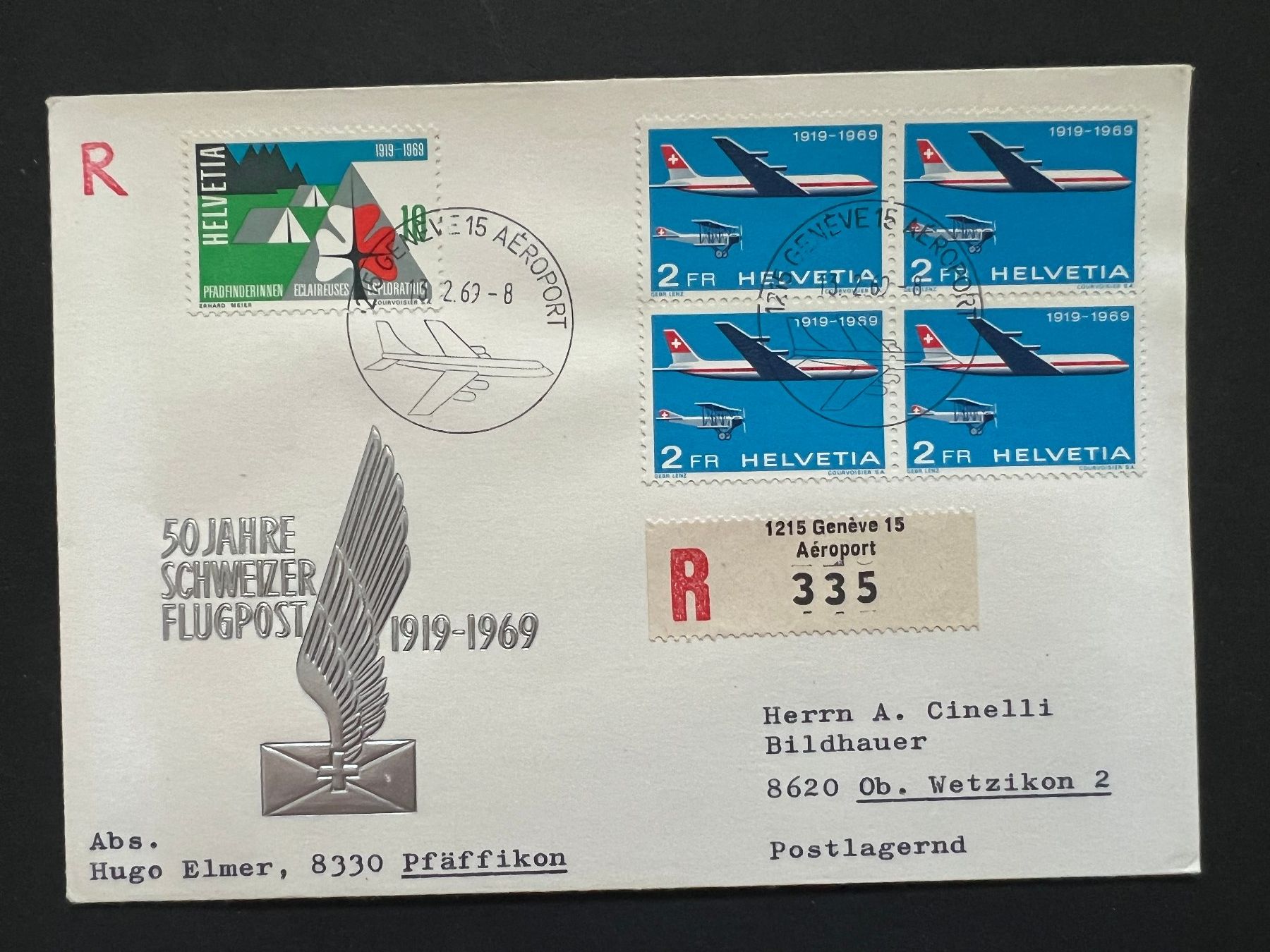 Tutti i francobolli: CH   Flugbrief 1969 Geneve   (M413) – Usato da Hinwil venduto da Sidi4