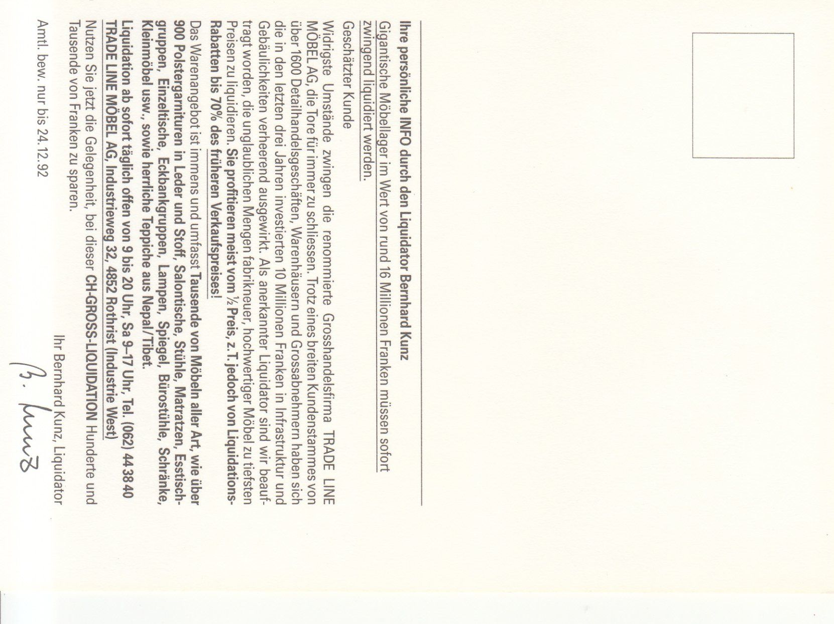 Cartoline postali: Rothrist Liquidation 1992 – Nuovo (secondo la descrizione) da Bürglen TG venduto da StampGraf 1