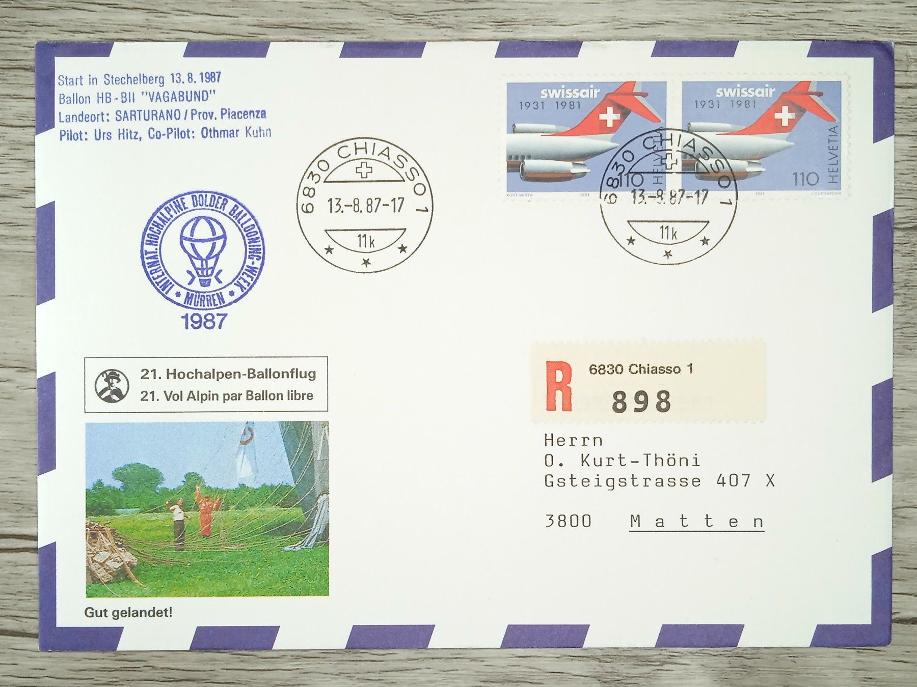 Tutti i francobolli: TR13 Enveloppe + Timbre Suisse 1987 Ballon Theme – Usato da Cousset venduto da Patrick_Collections