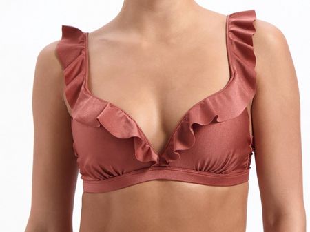 Schokoladenbraunes gerüschtes Bikini-Oberteil Grösse 42B