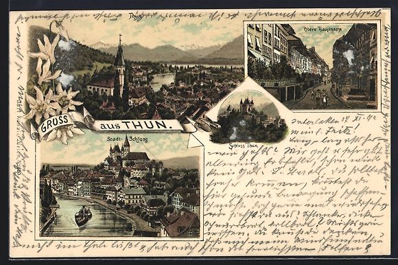 Cartoline postali: Litho Thun, Stadt. Schloss, Schloss Thun – Usato da Berlin venduto da bartko-reher