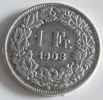 1 Franken 1908 Silber Münze Schweiz Helvetia guter Zustand