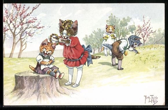 Cartoline postali: Arthur Thiele: Katzenmädchen binden Blu – Usato da Berlin venduto da bartko-reher