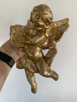 Engel Wanddekoration goldfarben mit Harfe, aus Porzellan