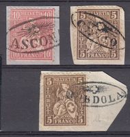 Strahlenstempel ASCONA, CEVIO, GORDOLA - auf Briefstücken