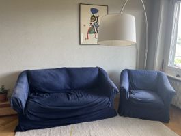 Canapé 2 places + fauteuils avec housse en lin teinté bleu