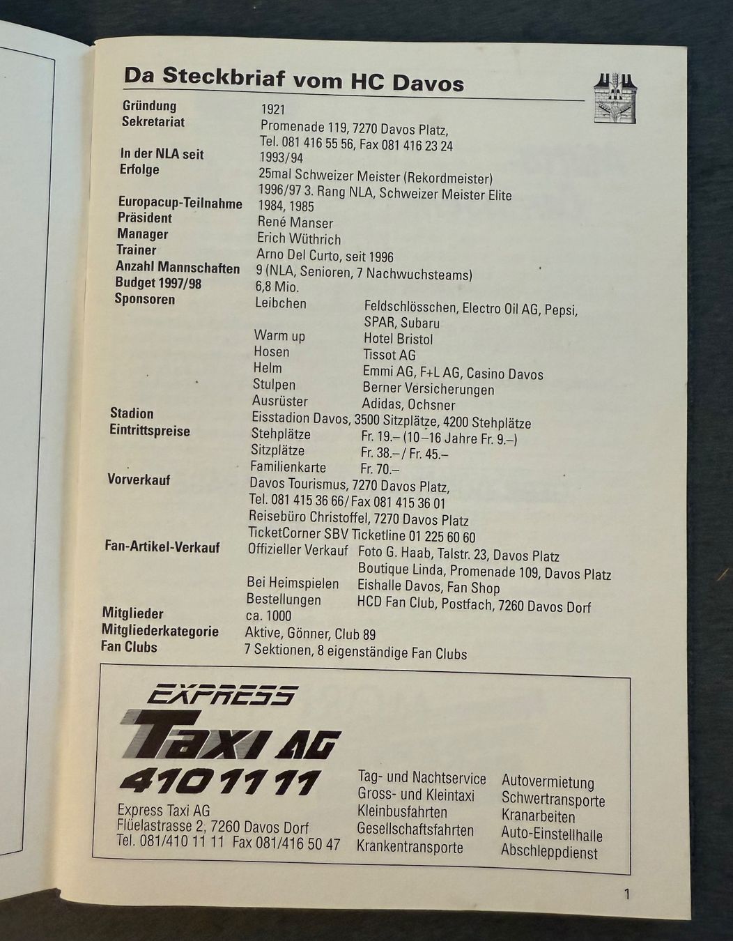 Documenti: HCD Hockey Club Davos  Saisonprogramm 1997/98 – Usato da Contone venduto da Chaos76 2