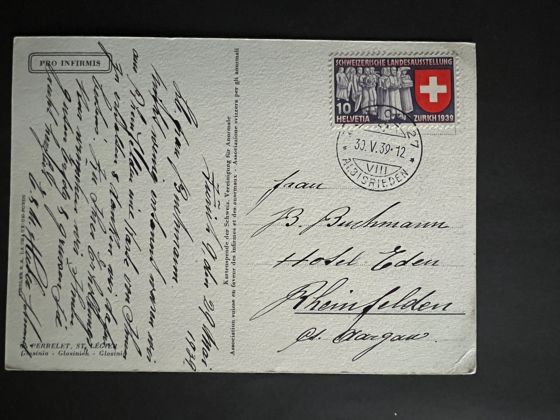 Cartoline postali: Ansichtskarte Pro Infirmis Gloxinia 1939  (V773) – Usato da Hinwil venduto da Sidi4 1