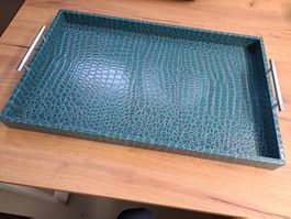 Tablett Reptiloptik Lederimitat mit Metallgriffen in  türkis