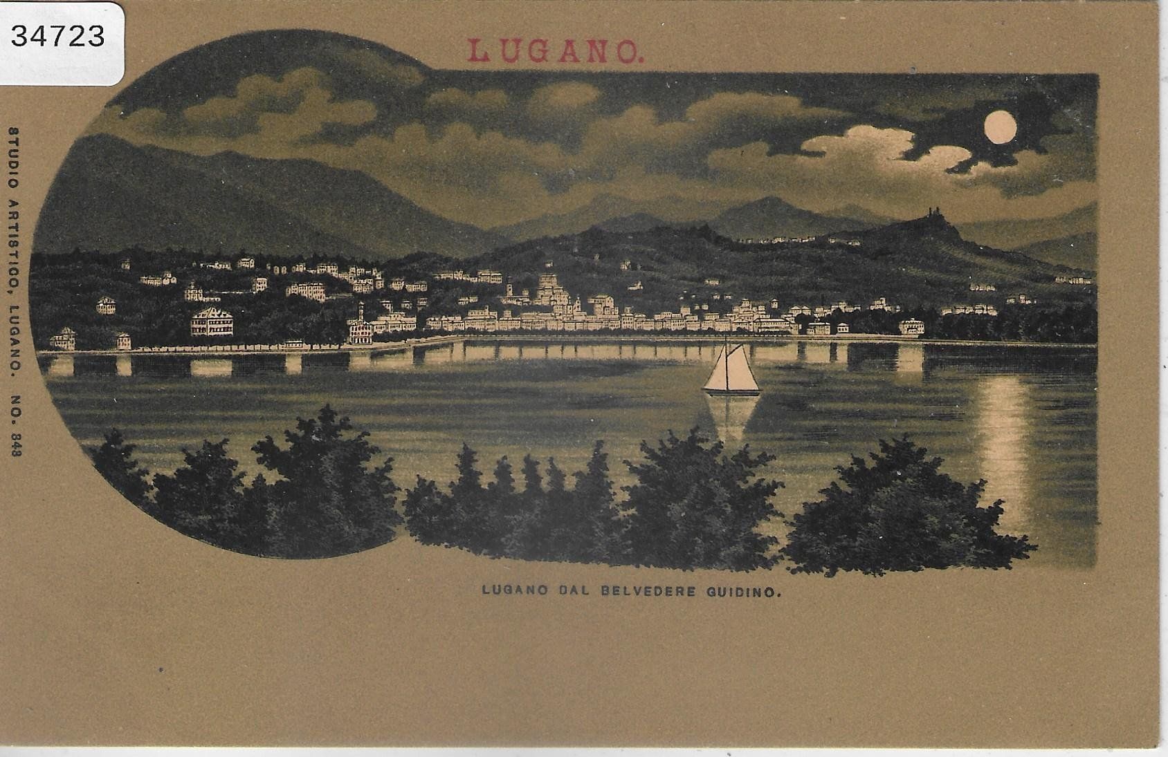 Cartoline postali: Lugano dal Belvedere Guidino - Mondschein-Litho – Usato da Ettingen venduto da Kartenplanet
