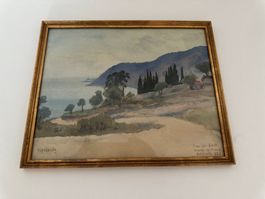 Aquarelle ancienne, paysage lac Leman, signée 1920
