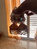 Statement Jhumka Earrings - Autumn Gold, faux Gems & Pearls