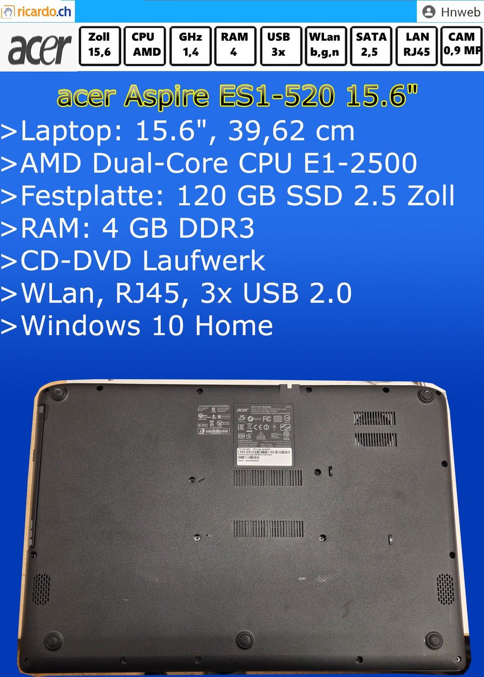 Acer Notebook: acer-Aspire-ES1-520-32NG, 15.6" – Usato da Kaisten venduto da Hnweb 5