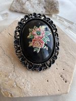 Vintage Brosche Schwarz Floral | Blumenmotiv | Oval | Retro