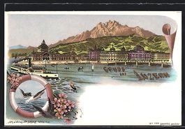 Litho Luzern, Teilansicht mit Dampfer St