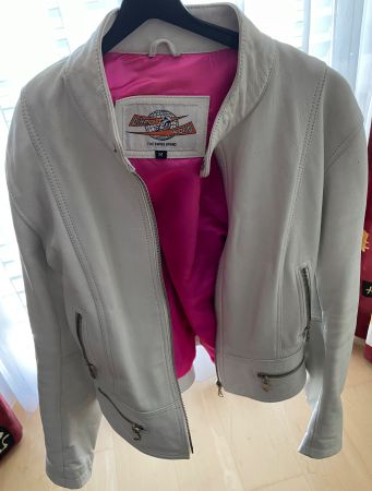 Damen Töfflederjacke weiss Grösse M mit pinkem Innenfutter