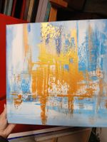Abstrakte Gemälde, hellblau mit gold, Leinwand 40x40 cm