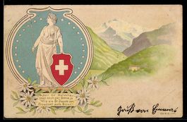 Lithographie Schweiz, Helvetia mit Schweizer Wappen, Berglan