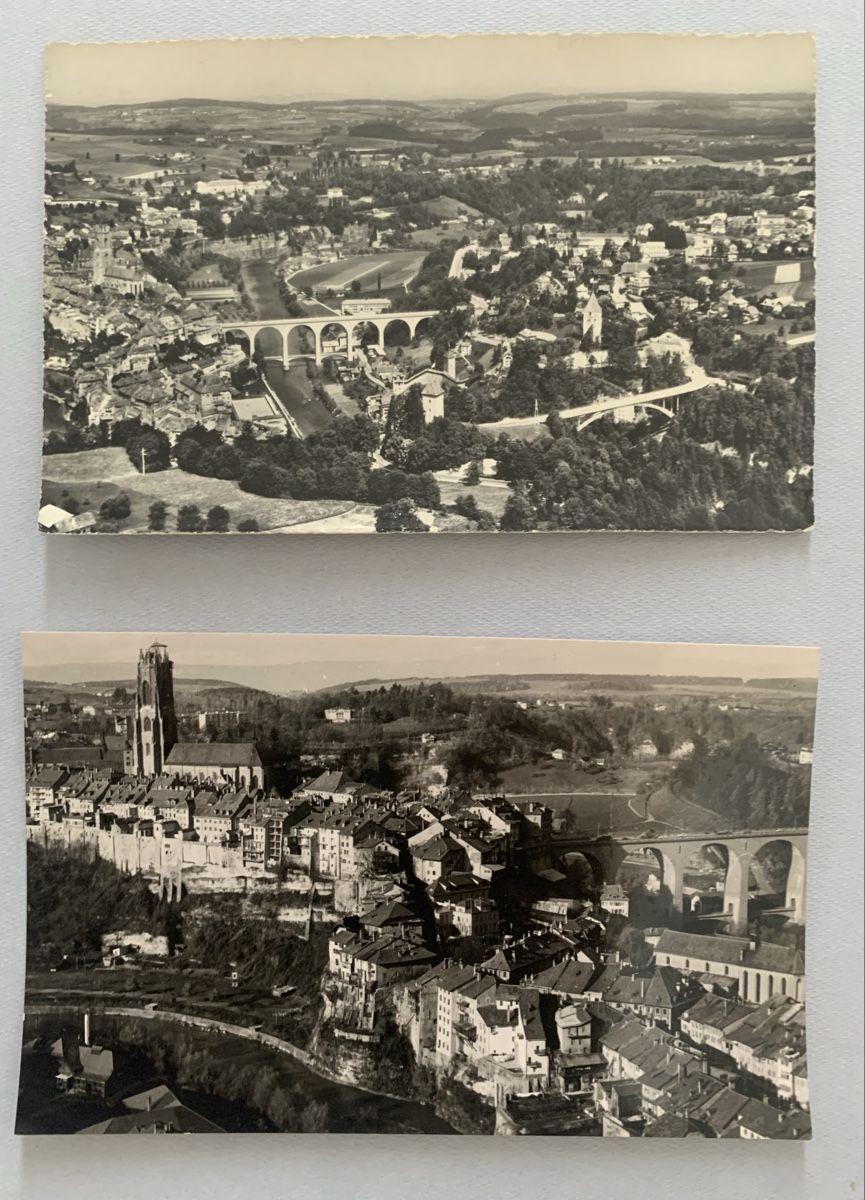 Cartoline postali: Ansichtskarten Schweiz - Fribourg - Flugaufnahmen – Usato da Düdingen venduto da polytropon_5