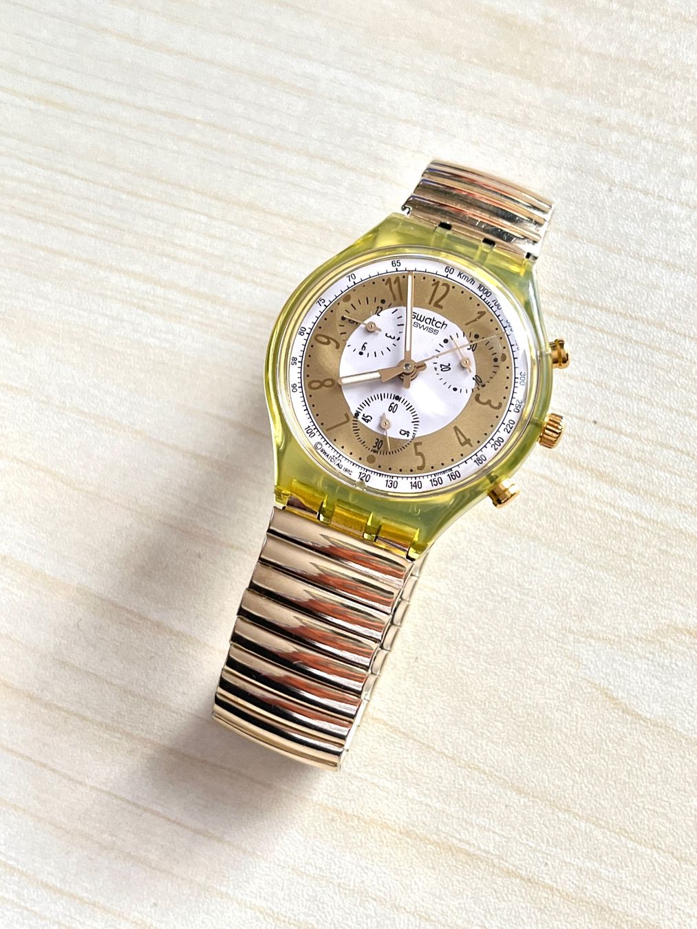 Swatch Orologi: Swatch Chronograph Uhr Goldig-Gelb – Usato da Grenchen venduto da chththl 1