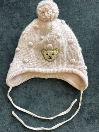 Steiff Baby Mütze Wolle rosa mit Teddy &Bommel Gr.39 wie neu