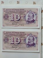 2x10 Franken Banknoten, Serie 90 Wd + 93 W, 1974, bankfrisch