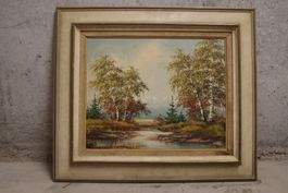 Ölgemälde -Flusslandschaft mit Birken - Alfred Grossglausser