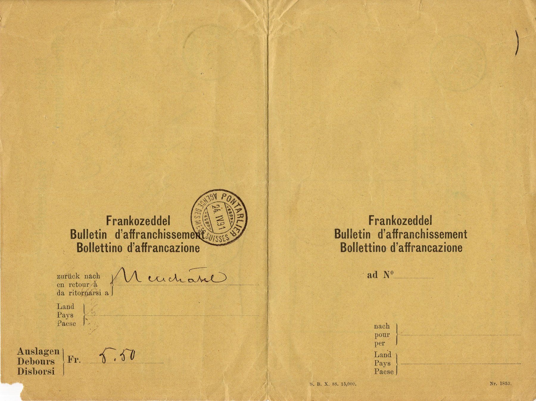 Tous les timbres: seltenes Postformular - Frankozettel von PONTARLIER – D'occasion à Eglisau par Chperfins