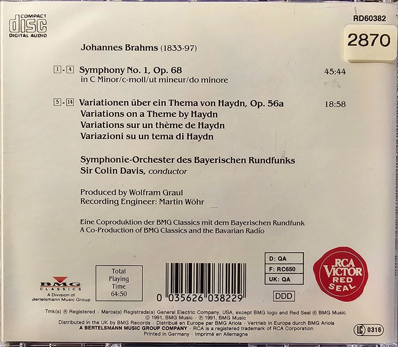 CD: Sir Colin Davis - Brahms - Symphony No. 1 – Usato da Wahlen b. Laufen venduto da Cg10 1