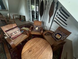 Art-Déco Sitzgruppe: 3 Armlehnsessel mit Wiener Geflecht + T