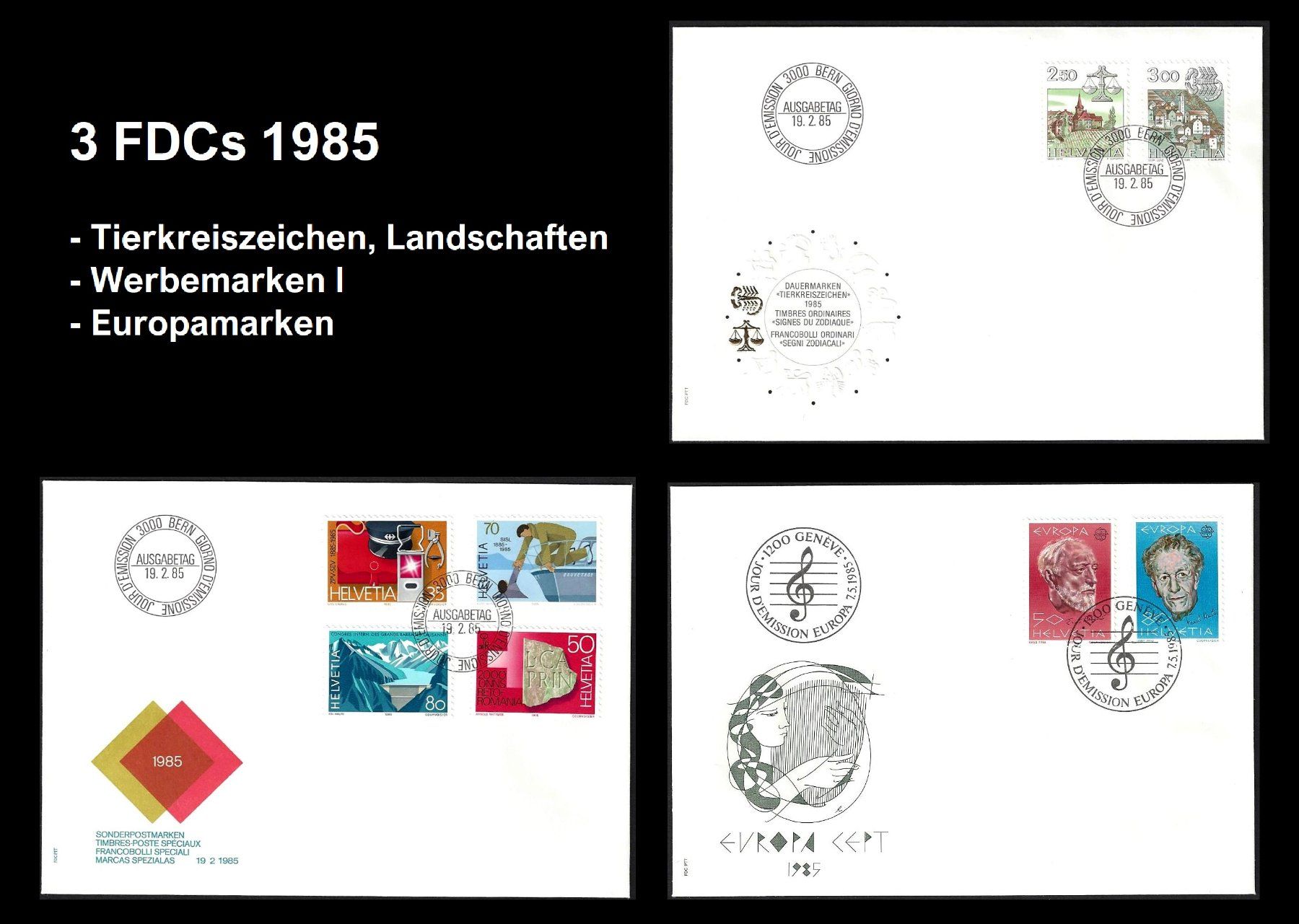 Tutti i francobolli: 1985 3 FDCs: Frei-, Werbe- und Europamarken – Usato da Baar venduto da miam8