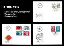 1985 3 FDCs: Frei-, Werbe- und Europamarken