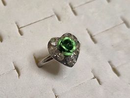 Bague Argent Coeur Rose Verte, Taille Réglable
