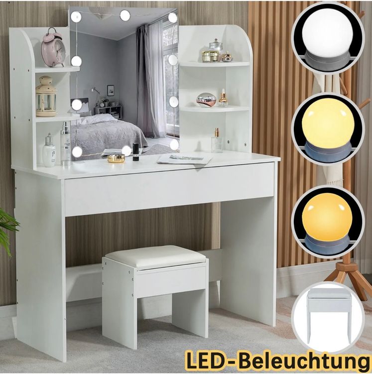 Landhaus Schminktisch Mit LED-Spiegel - Kosmetiktisch Mit Ladestation