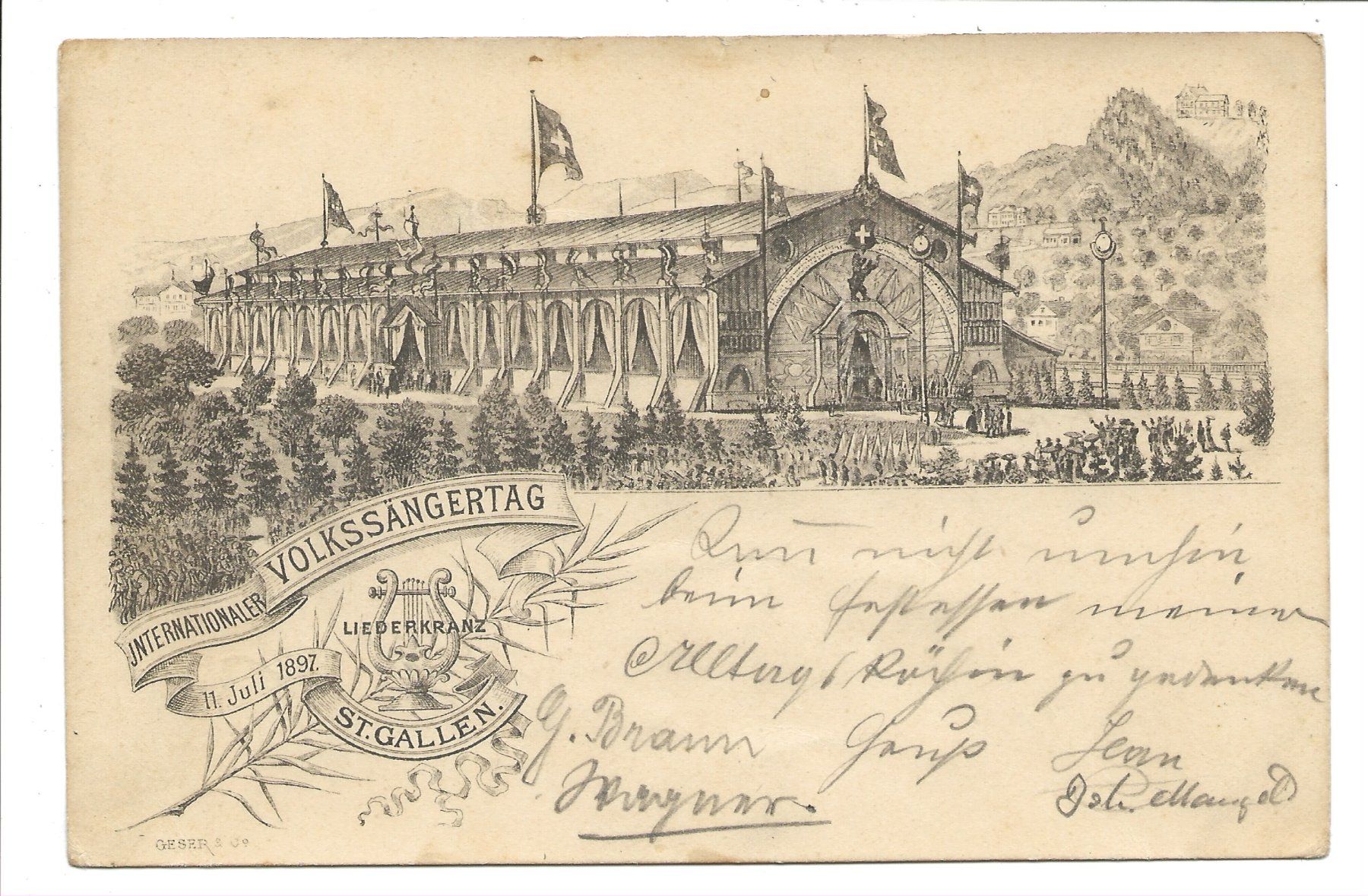 Cartoline postali: St. Gallen - Internat. Volkssängertag - Vorläufer-Litho 1897 – Usato da Engelburg venduto da Cartophil