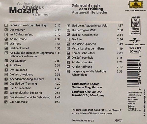 CD: Mozart - Ausgewählte Lieder (Mathis/Prey) – Usato da Grüningen venduto da azulamarillo 1