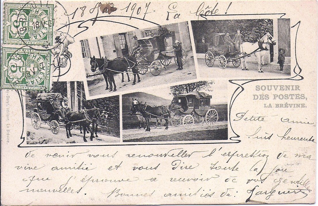 Cartoline postali: LA BREVINE, 4 vues avec les diligences postales – Usato da Les Verrières venduto da Scampi0